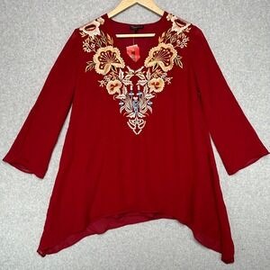 Tunique Women's Red Embroidered V‎ Neck 3/4 Sleeve Tunic Top Boho Size S NWT
